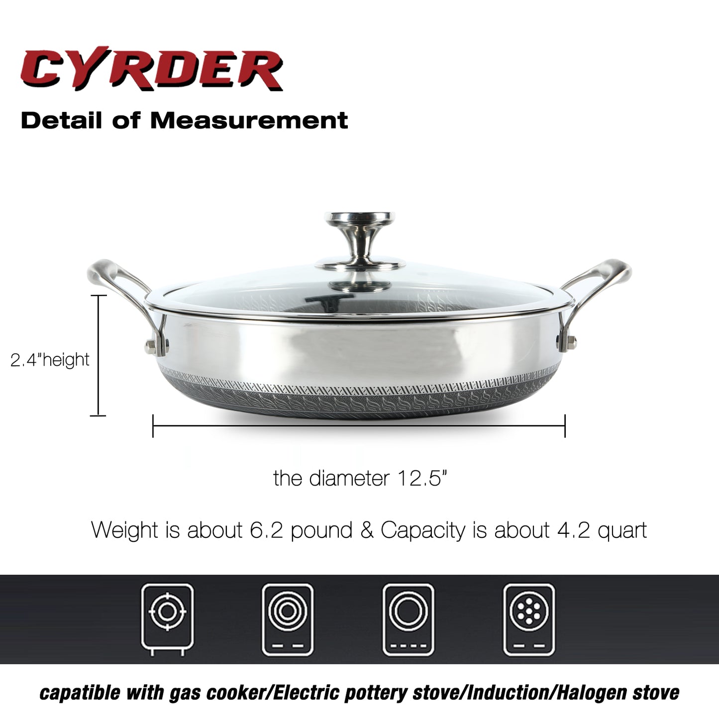 CYRDER Large Hybrid Nonstick Deep Frying Pan-13inch 316L Stainless Steel Sauté Pan and Lid, Two Handle Hold, PFOA Free, Dishwasher Oven Safe, Cookware to Stir fry/Toast/Roast/Bake/Stew, 7.2-Quart