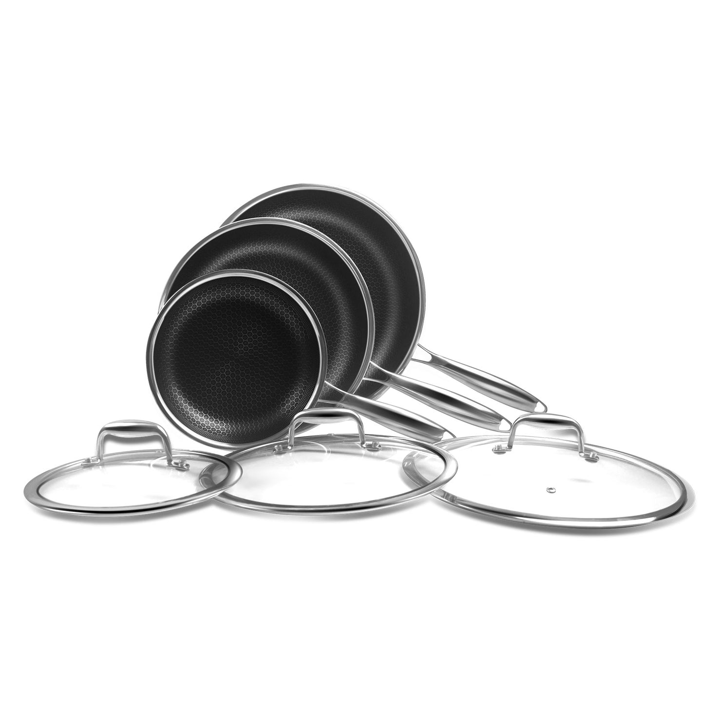 CYRDER Nonstick Frying Pan Set, 8, 10 and 12-inch Frying Pans, 6-Piece Hybrid Non stick 18/10 Stainless Steel Pans with Lid, Induction Compatible, Dishwasher &Oven Safe, PFOA Free