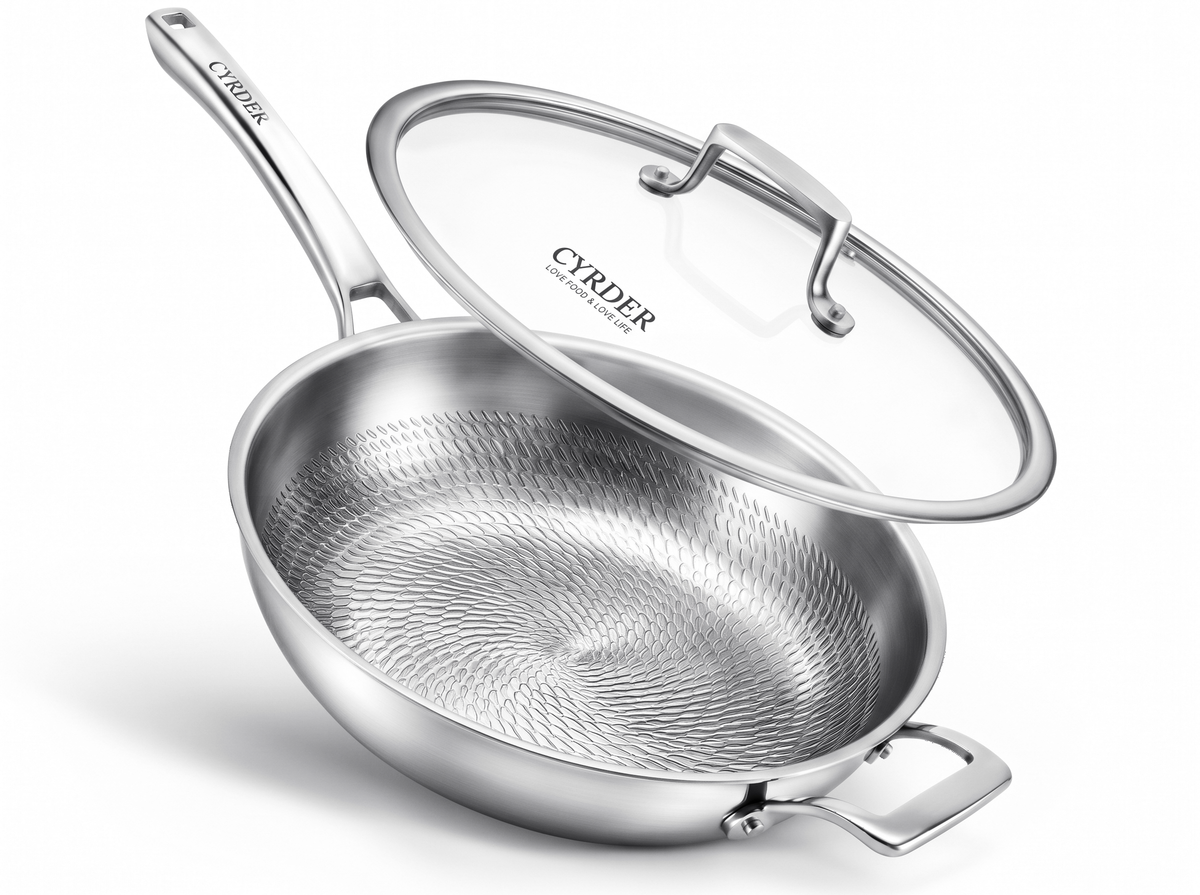 13.5 Inch Pure Titanium Wok Pan with Lid and Helper Handle Non-Toxin / Chemical-Free Coating, Frying Pan with Hammered Interior, 5-Ply Clad, Heat More Evenly, Induction Compatible
