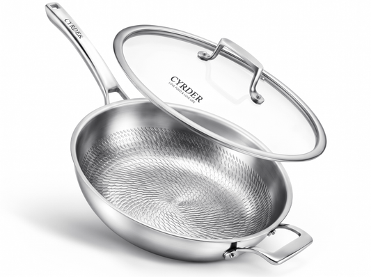 13.5 Inch Pure Titanium Wok Pan with Lid and Helper Handle Non-Toxin / Chemical-Free Coating, Frying Pan with Hammered Interior, 5-Ply Clad, Heat More Evenly, Induction Compatible