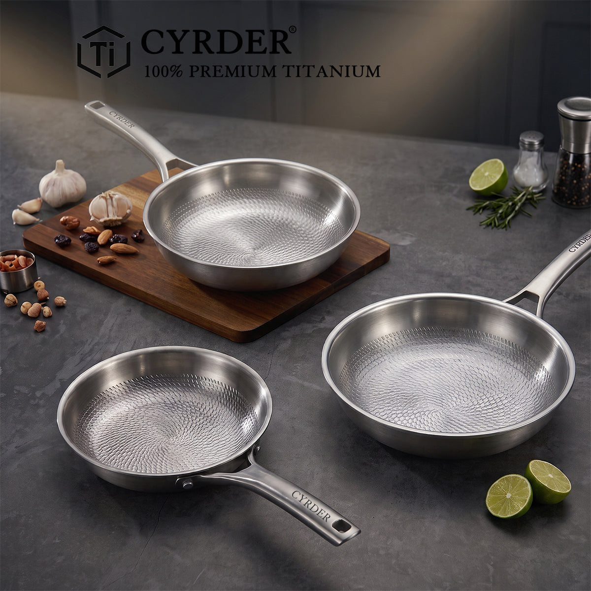 12-Inch Pure Titanium Frying Pan with Lid, Physical Non-Stick Non-Toxin / Chemical-Free Coating, Frying Pan with Hammered Interior, 5-Ply Clad, Heat More Evenly, Induction Compatible