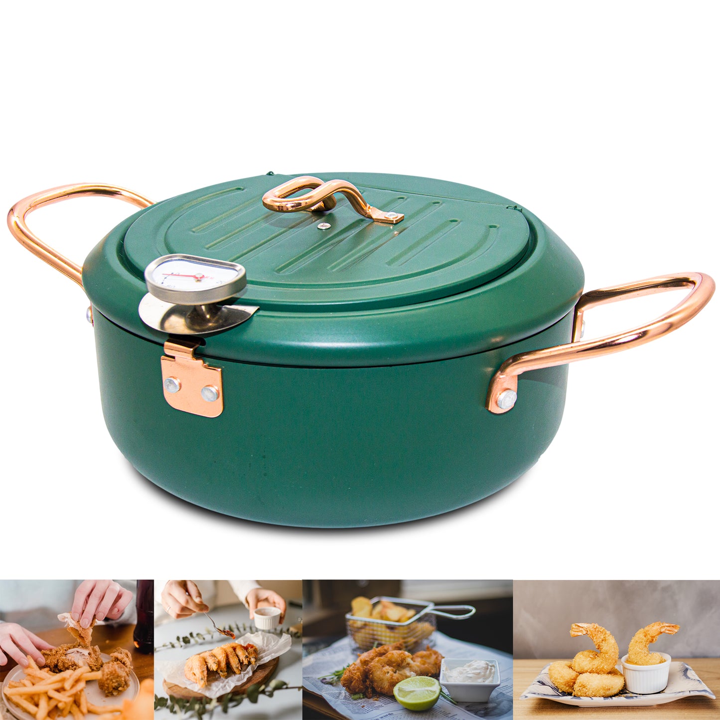 CYRDER Deep Fryer Pot, 4.3L/11 Inch Japanese Tempura Frying Pot with Fahrenheit Thermometer, Nonstick Carbon Steel Oil Fryer, for Tempura/Frech/Fish/Chicken Fries, Easy Clean