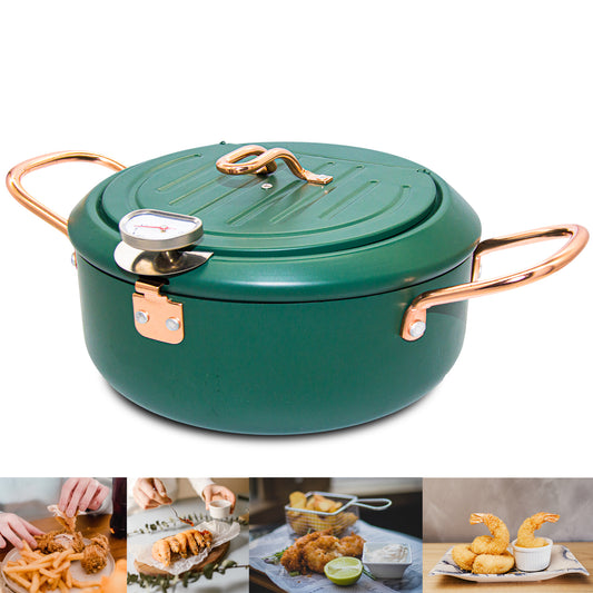 CYRDER Deep Fryer Pot, 4.3L/11 Inch Japanese Tempura Frying Pot with Fahrenheit Thermometer, Nonstick Carbon Steel Oil Fryer, for Tempura/Frech/Fish/Chicken Fries, Easy Clean