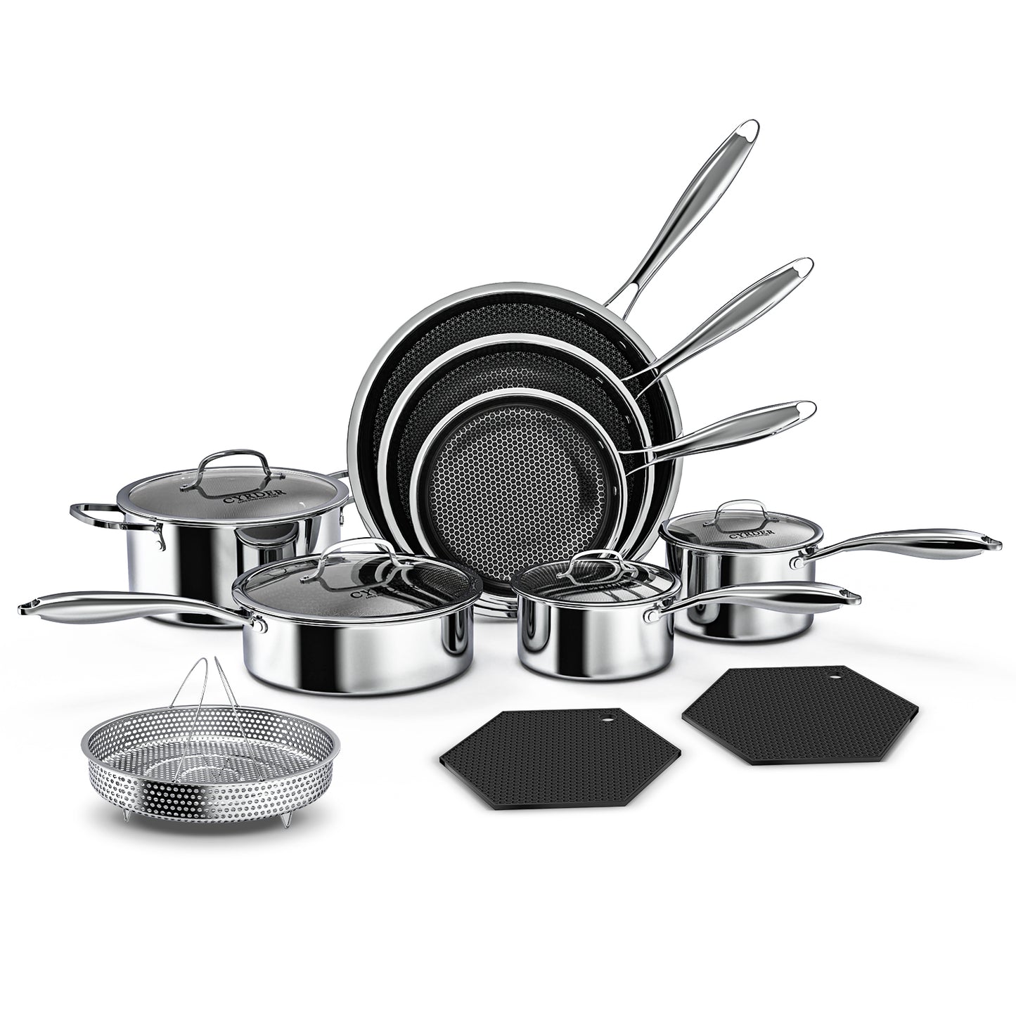 CYRDER Nonstick Pots and Pans Set, 14 Piece Hybrid Hex Stainless Steel Cookware Set for Everyday Cooking, Includes Frying Pans, Saute Pan, Saucepans&Pot, Induction Compatible, Dishwasher&Oven Safe, PFOA Free