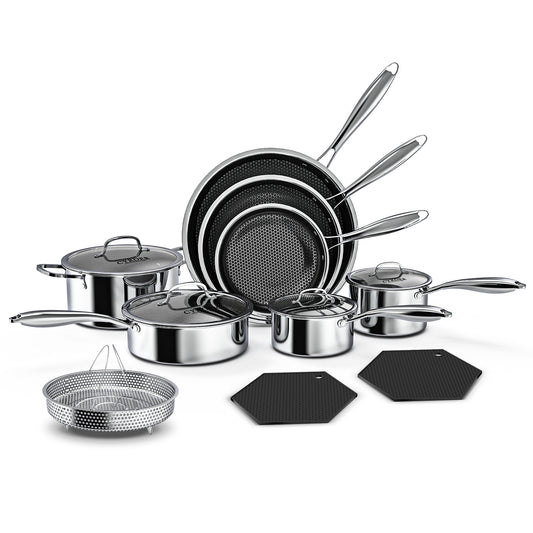 CYRDER Nonstick Pots and Pans Set, 14 Piece Hybrid Hex Stainless Steel Cookware Set for Everyday Cooking, Includes Frying Pans, Saute Pan, Saucepans&Pot, Induction Compatible, Dishwasher&Oven Safe, PFOA Free