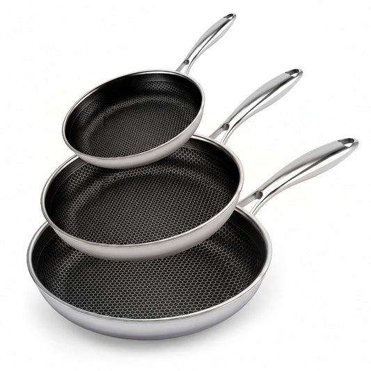 Hybrid Non Stick Frying Pans Set | CYRDER Stainless Steel Skillet Set 3 Pcs 5-Ply 18/10 Stainless Steel l PFOA Free | Induction-Ready | Easy Clean&Nonstick | 8 10 12-in Frying Pans