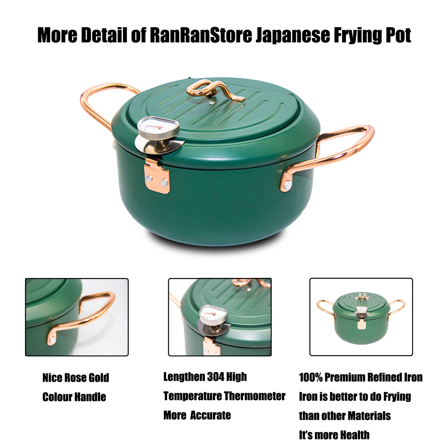 CYRDER Japanese Tempura Deep Fryer Pot with Fahrenheit Thermometer 3.5L- Nonstick Carbon Steel Oil Fryer, Fried Tempura/Chicken/Fish/Shrimp, Easy Clean, Green Big Tempura Pan, 10.2inch