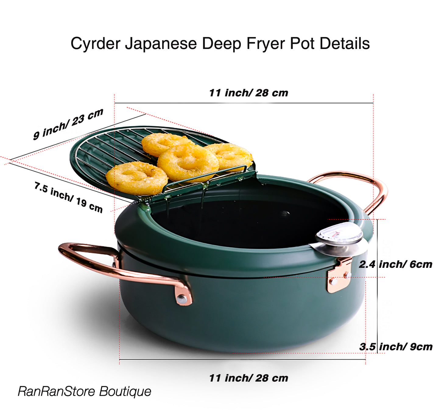 CYRDER Deep Fryer Pot, 4.3L/11 Inch Japanese Tempura Frying Pot with Fahrenheit Thermometer, Nonstick Carbon Steel Oil Fryer, for Tempura/Frech/Fish/Chicken Fries, Easy Clean