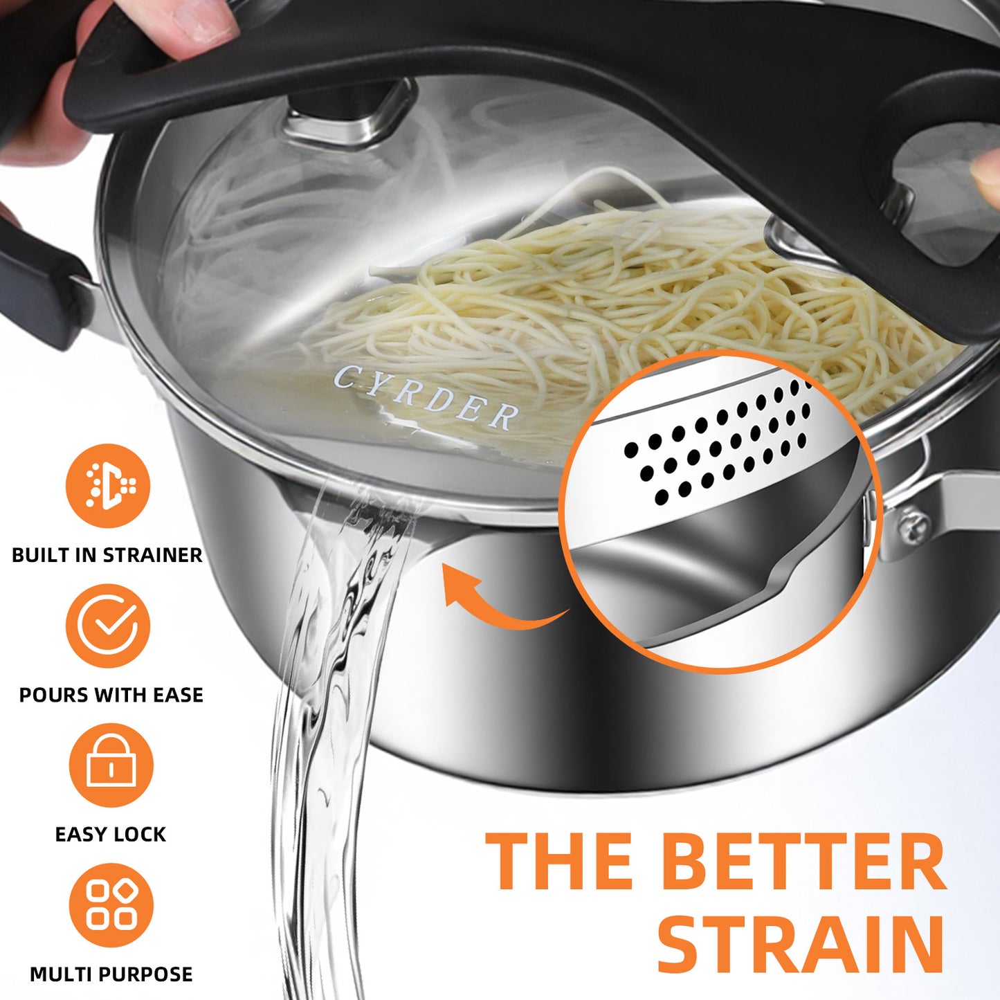 CYRDER Stainless Steel Pasta Pot- Induction Pasta Pot with Strainer, Easy Stain &Perfect for Single and Couple, Dishwasher Safe
