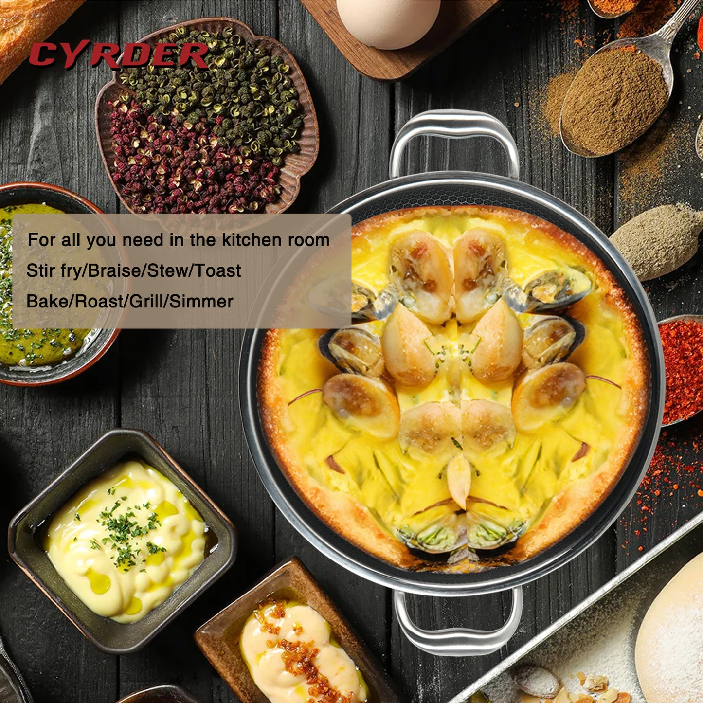 CYRDER Large Hybrid Nonstick Deep Frying Pan-13inch 316L Stainless Steel Sauté Pan and Lid, Two Handle Hold, PFOA Free, Dishwasher Oven Safe, Cookware to Stir fry/Toast/Roast/Bake/Stew, 7.2-Quart
