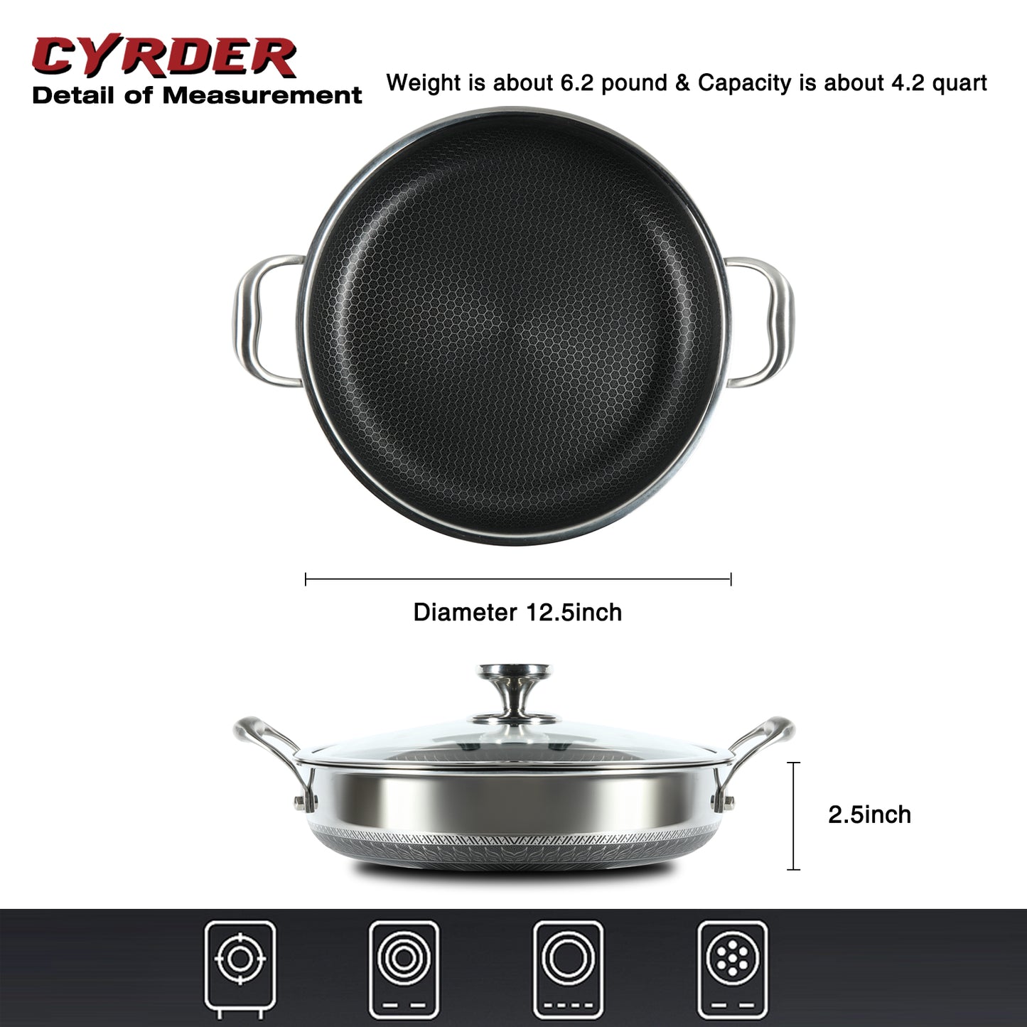 CYRDER Large Hybrid Nonstick Deep Frying Pan-13inch 316L Stainless Steel Sauté Pan and Lid, Two Handle Hold, PFOA Free, Dishwasher Oven Safe, Cookware to Stir fry/Toast/Roast/Bake/Stew, 7.2-Quart