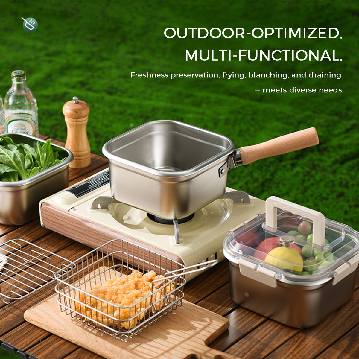 CYRDER  Stainless Steel Deep Fryer Pot with Basket - Compact Frying Pot with Lid, Square Muliti Fuctional Pot with Tong and Steamer Rack, All in one pot for frying steaming cooking and fresh-keeping