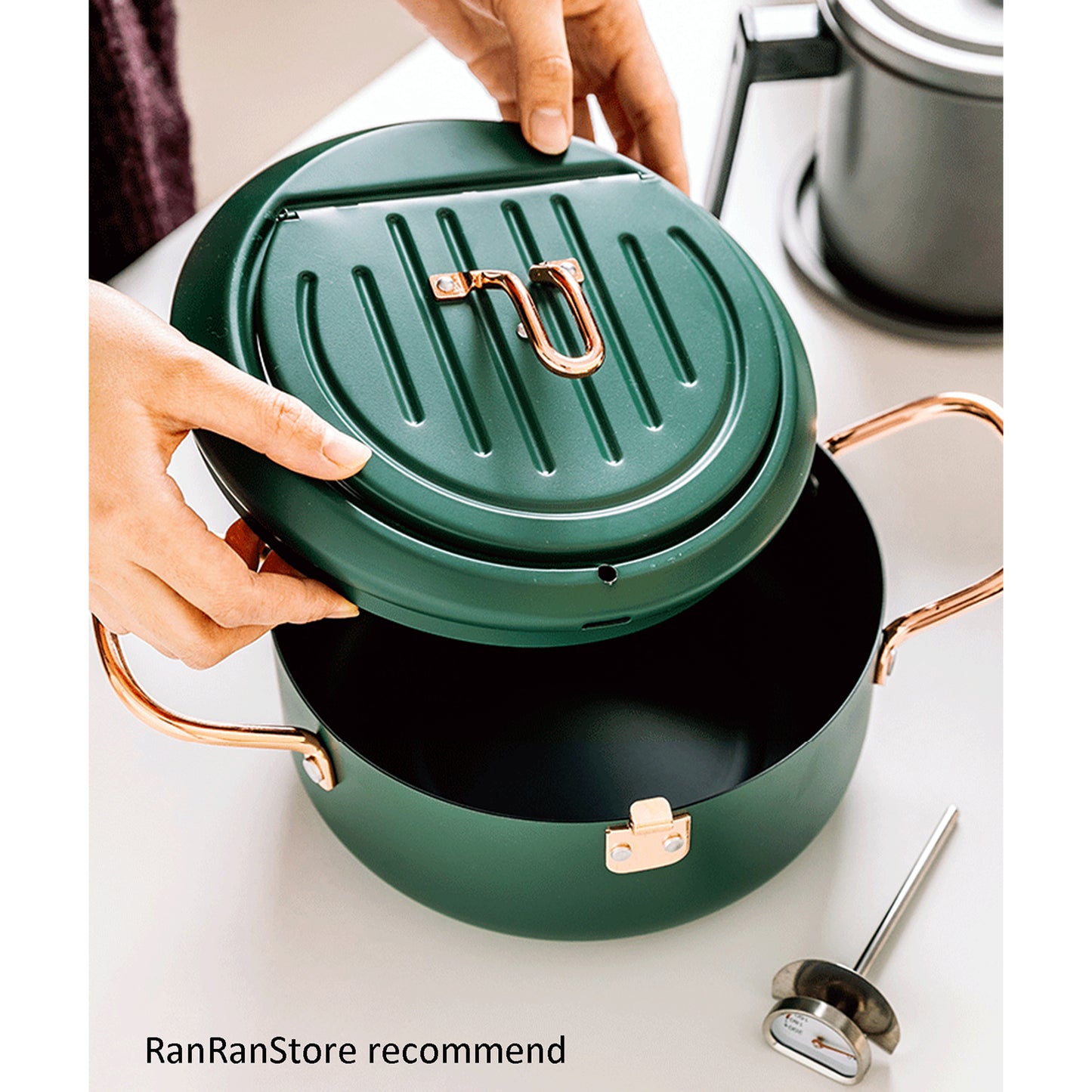 CYRDER Japanese Tempura Deep Fryer Pot with Fahrenheit Thermometer 3.5L- Nonstick Carbon Steel Oil Fryer, Fried Tempura/Chicken/Fish/Shrimp, Easy Clean, Green Big Tempura Pan, 10.2inch
