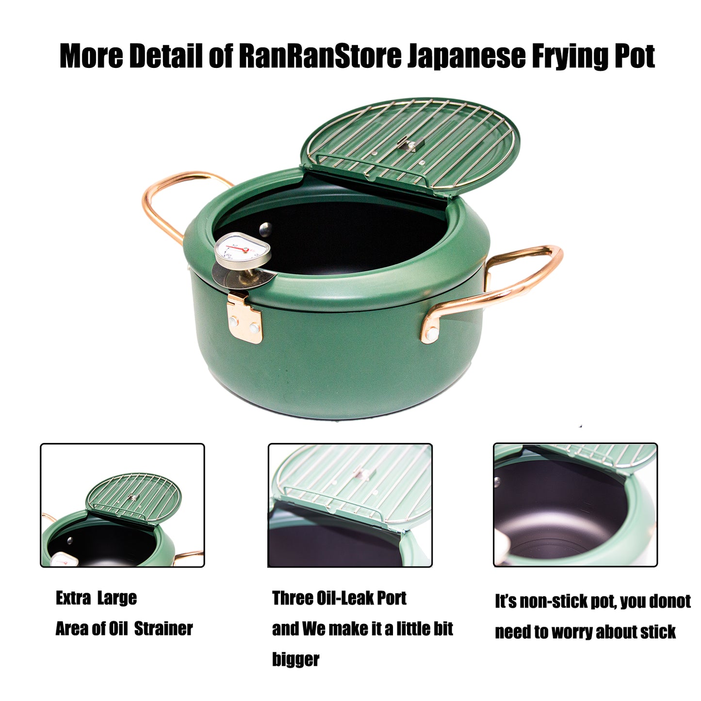 CYRDER Japanese Tempura Deep Fryer Pot with Fahrenheit Thermometer 3.5L- Nonstick Carbon Steel Oil Fryer, Fried Tempura/Chicken/Fish/Shrimp, Easy Clean, Green Big Tempura Pan, 10.2inch