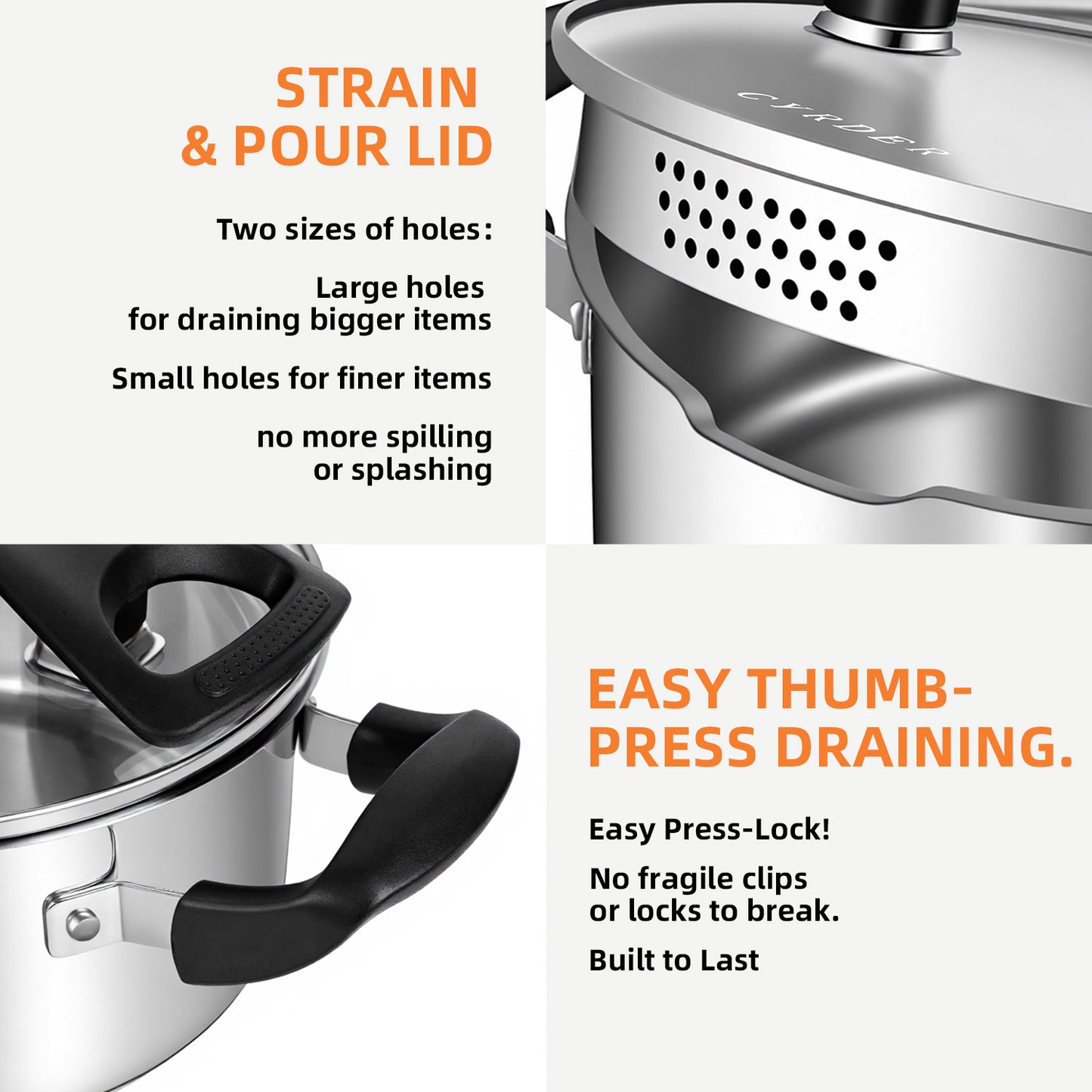 CYRDER Stainless Steel Pasta Pot- Induction Pasta Pot with Strainer, Easy Stain &Perfect for Single and Couple, Dishwasher Safe