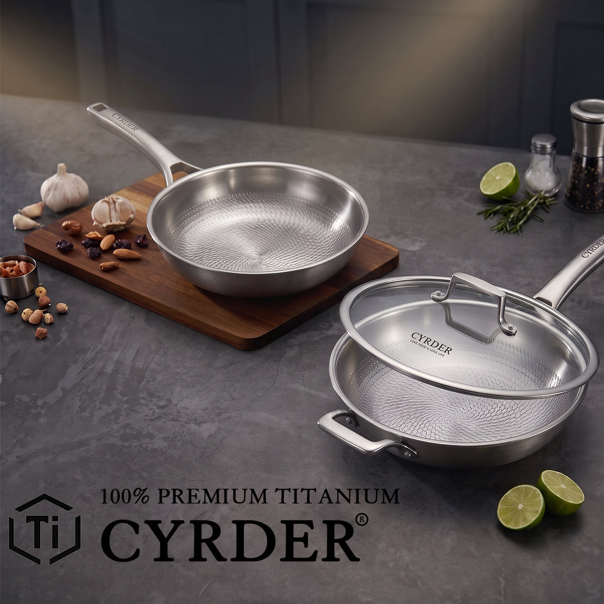 13.5 Inch Pure Titanium Wok Pan with Lid and Helper Handle Non-Toxin / Chemical-Free Coating, Frying Pan with Hammered Interior, 5-Ply Clad, Heat More Evenly, Induction Compatible