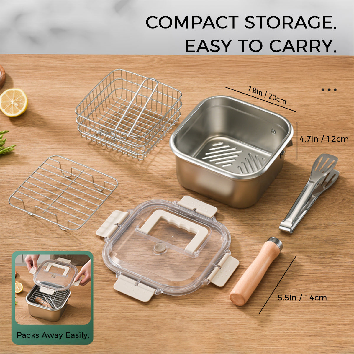 CYRDER  Stainless Steel Deep Fryer Pot with Basket - Compact Frying Pot with Lid, Square Muliti Fuctional Pot with Tong and Steamer Rack, All in one pot for frying steaming cooking and fresh-keeping