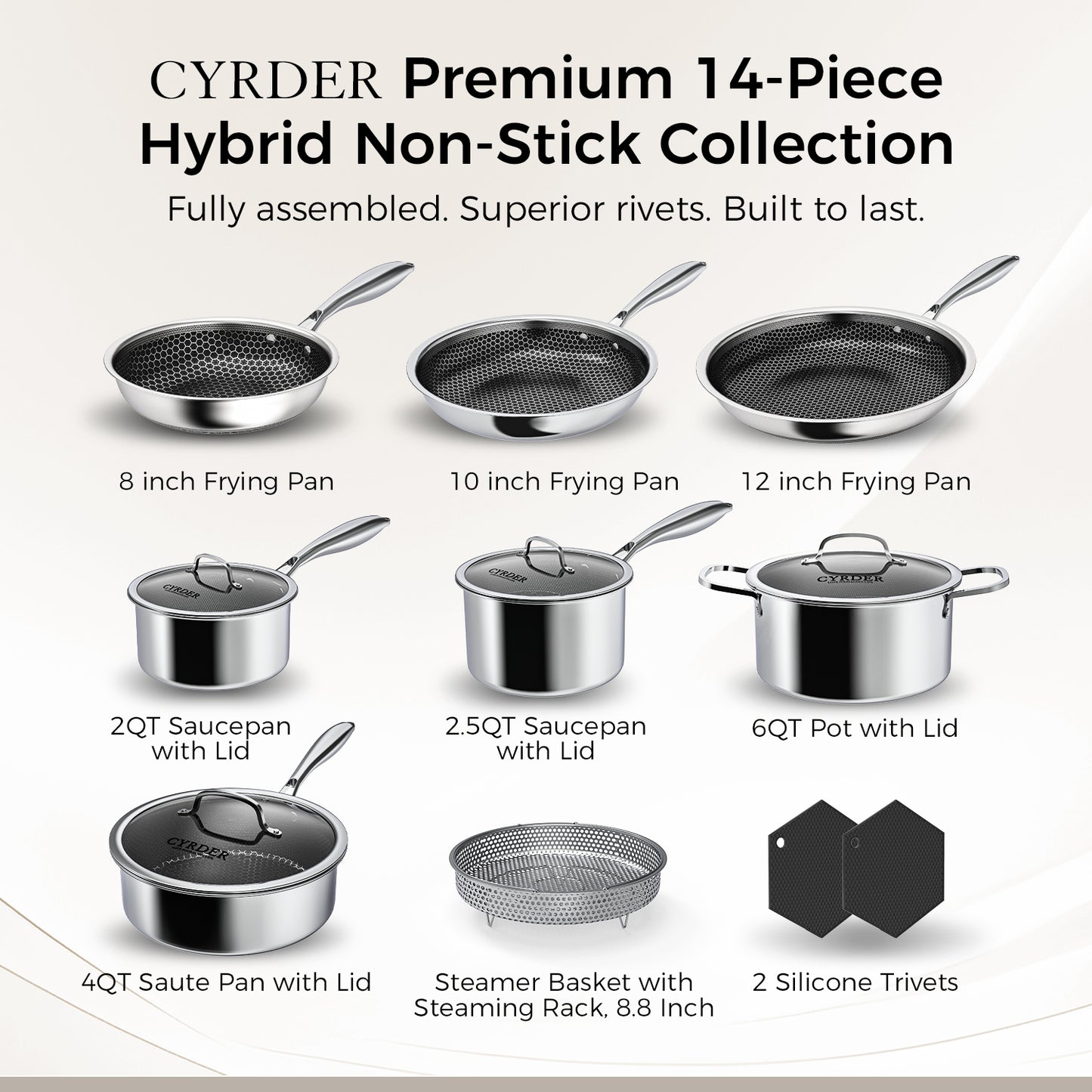 CYRDER Nonstick Pots and Pans Set, 14 Piece Hybrid Hex Stainless Steel Cookware Set for Everyday Cooking, Includes Frying Pans, Saute Pan, Saucepans&Pot, Induction Compatible, Dishwasher&Oven Safe, PFOA Free