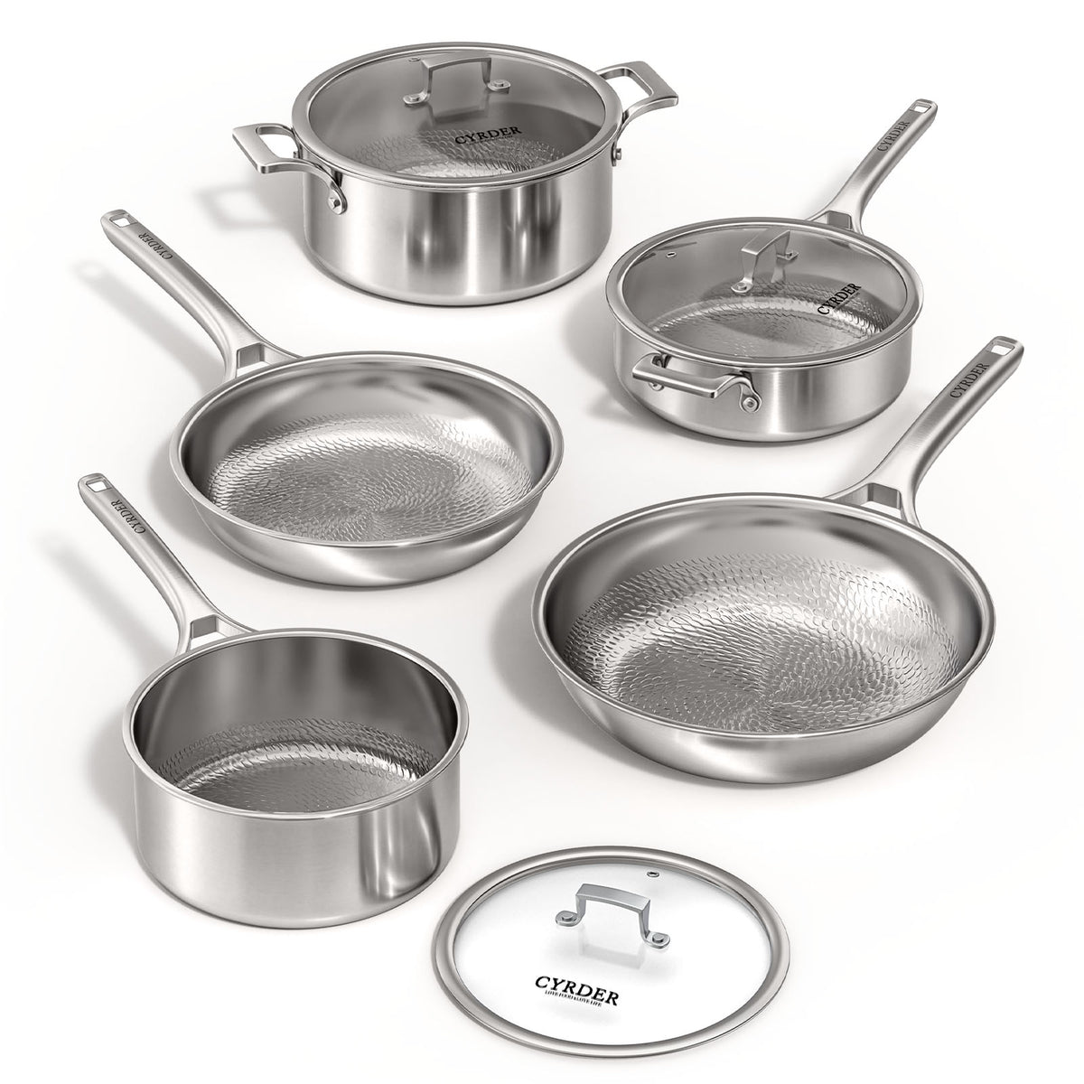8-Pcs Pure Titanium Cookware Set, 5-Ply Non-Toxic Hammered Pots & Pans Set 100% Pure Titanium, 5-Ply Induction Ready, Chemical-Free Hammered Non-Stick. Built for Healthy, Professional Daily Cooking