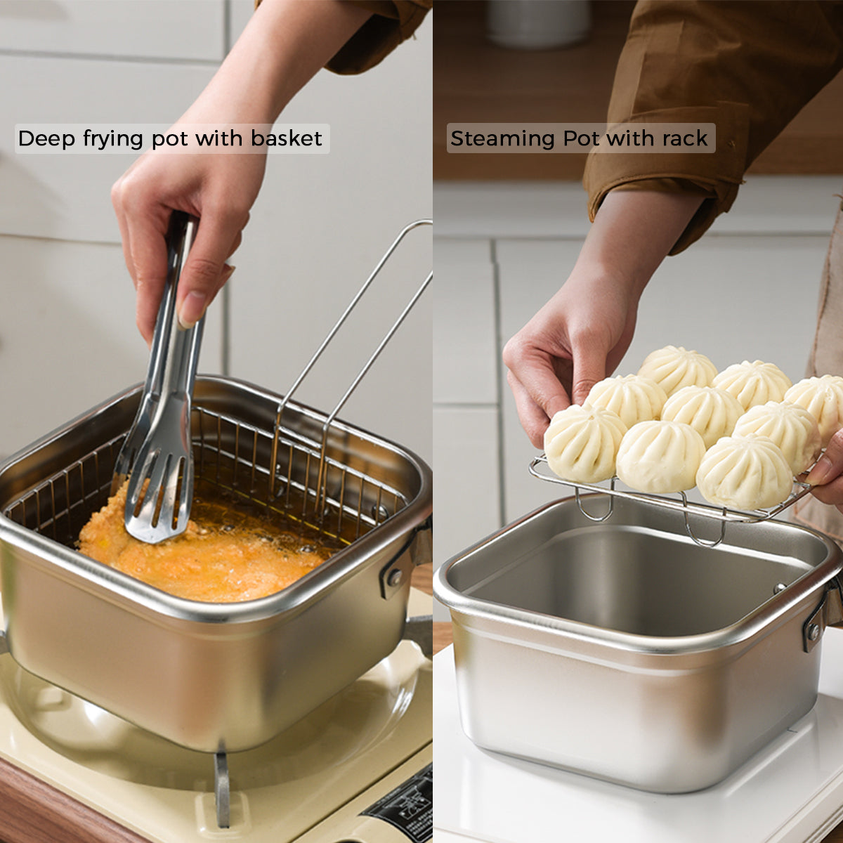 CYRDER  Stainless Steel Deep Fryer Pot with Basket - Compact Frying Pot with Lid, Square Muliti Fuctional Pot with Tong and Steamer Rack, All in one pot for frying steaming cooking and fresh-keeping