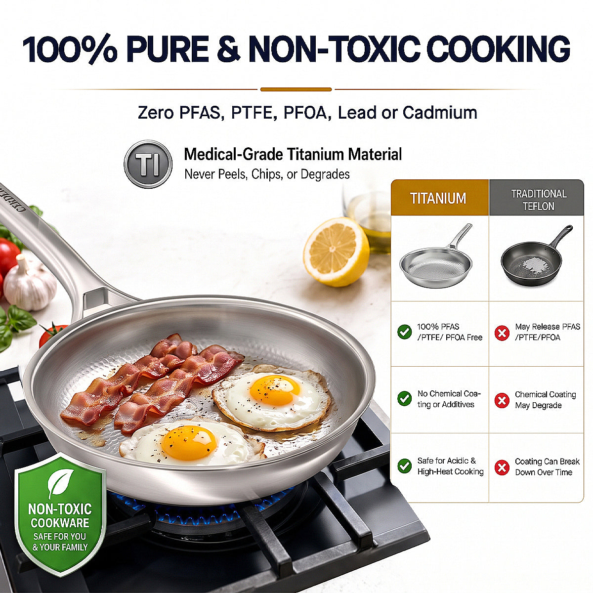 8-Pcs Pure Titanium Cookware Set, 5-Ply Non-Toxic Hammered Pots & Pans Set 100% Pure Titanium, 5-Ply Induction Ready, Chemical-Free Hammered Non-Stick. Built for Healthy, Professional Daily Cooking