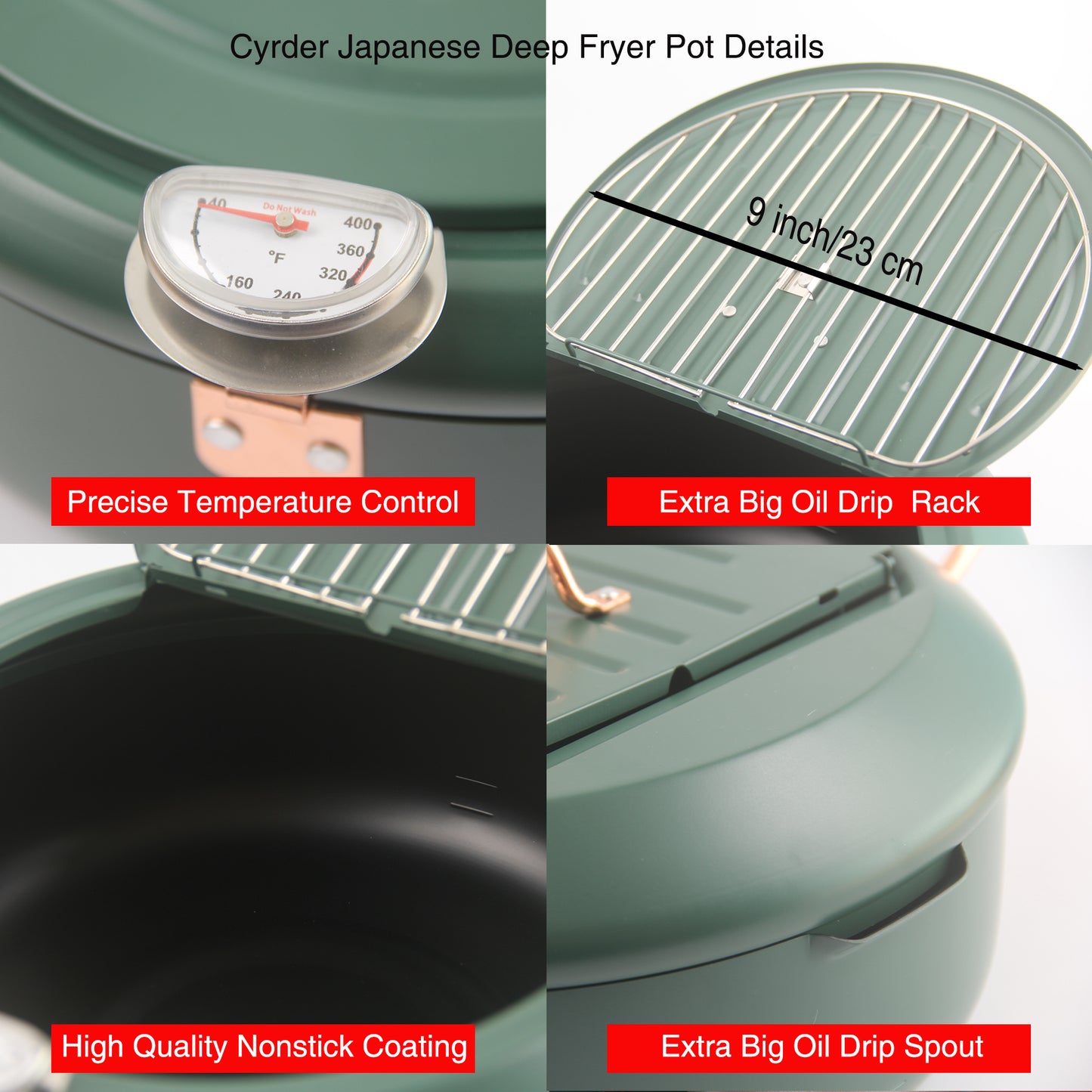 CYRDER Deep Fryer Pot, 4.3L/11 Inch Japanese Tempura Frying Pot with Fahrenheit Thermometer, Nonstick Carbon Steel Oil Fryer, for Tempura/Frech/Fish/Chicken Fries, Easy Clean