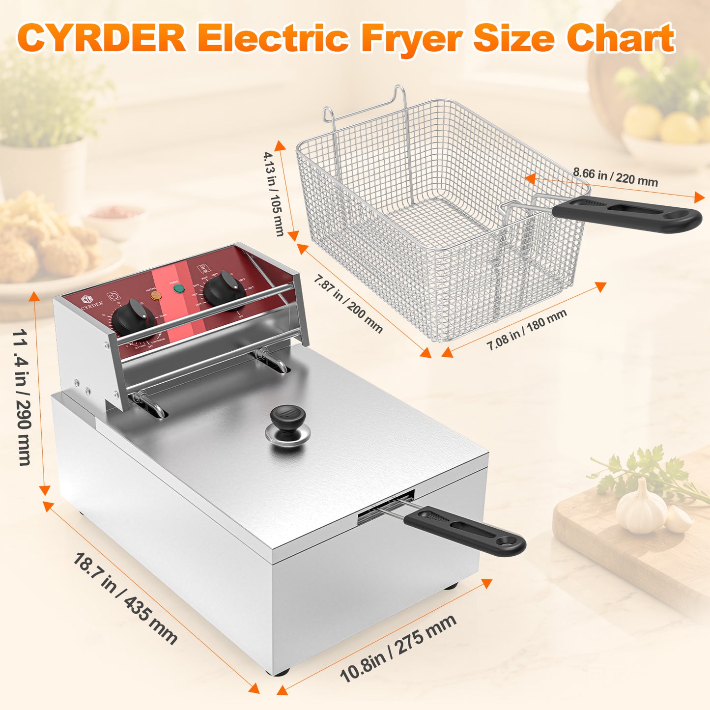CYRDER  Electric Deep Fryer with Basket 10L /10.5QT 1500W 110V, UL-Certified Countertop Fryer, Thermostat, Overheat Protection, 30-Min Timer for Home and Commercial Use