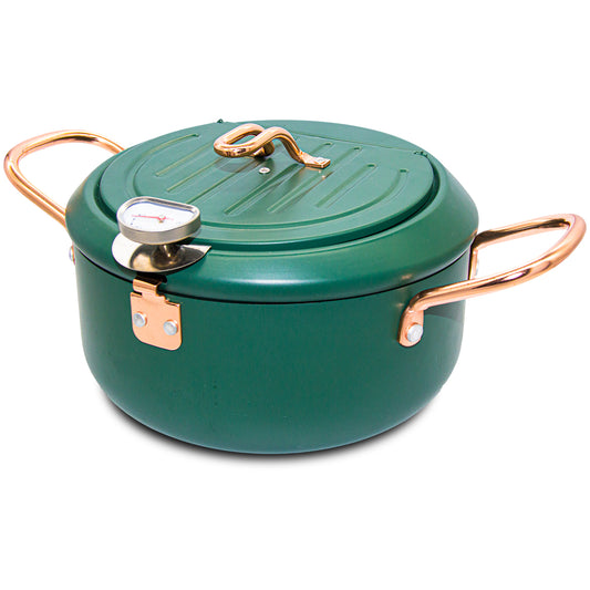CYRDER Japanese Tempura Deep Fryer Pot with Fahrenheit Thermometer 3.5L- Nonstick Carbon Steel Oil Fryer, Fried Tempura/Chicken/Fish/Shrimp, Easy Clean, Green Big Tempura Pan, 10.2inch