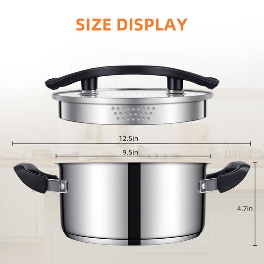 CYRDER Stainless Steel Pasta Pot- Induction Pasta Pot with Strainer, Easy Stain &Perfect for Single and Couple, Dishwasher Safe