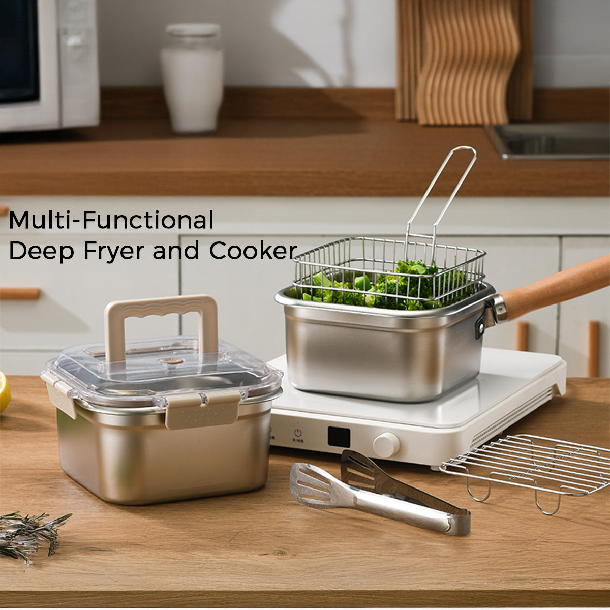 CYRDER  Stainless Steel Deep Fryer Pot with Basket - Compact Frying Pot with Lid, Square Muliti Fuctional Pot with Tong and Steamer Rack, All in one pot for frying steaming cooking and fresh-keeping