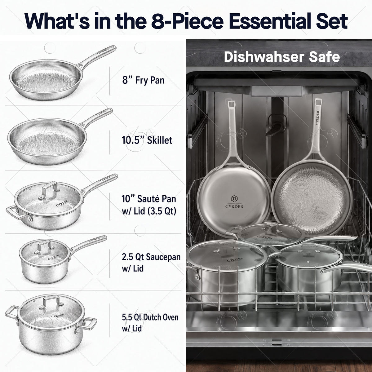 8-Pcs Pure Titanium Cookware Set, 5-Ply Non-Toxic Hammered Pots & Pans Set 100% Pure Titanium, 5-Ply Induction Ready, Chemical-Free Hammered Non-Stick. Built for Healthy, Professional Daily Cooking