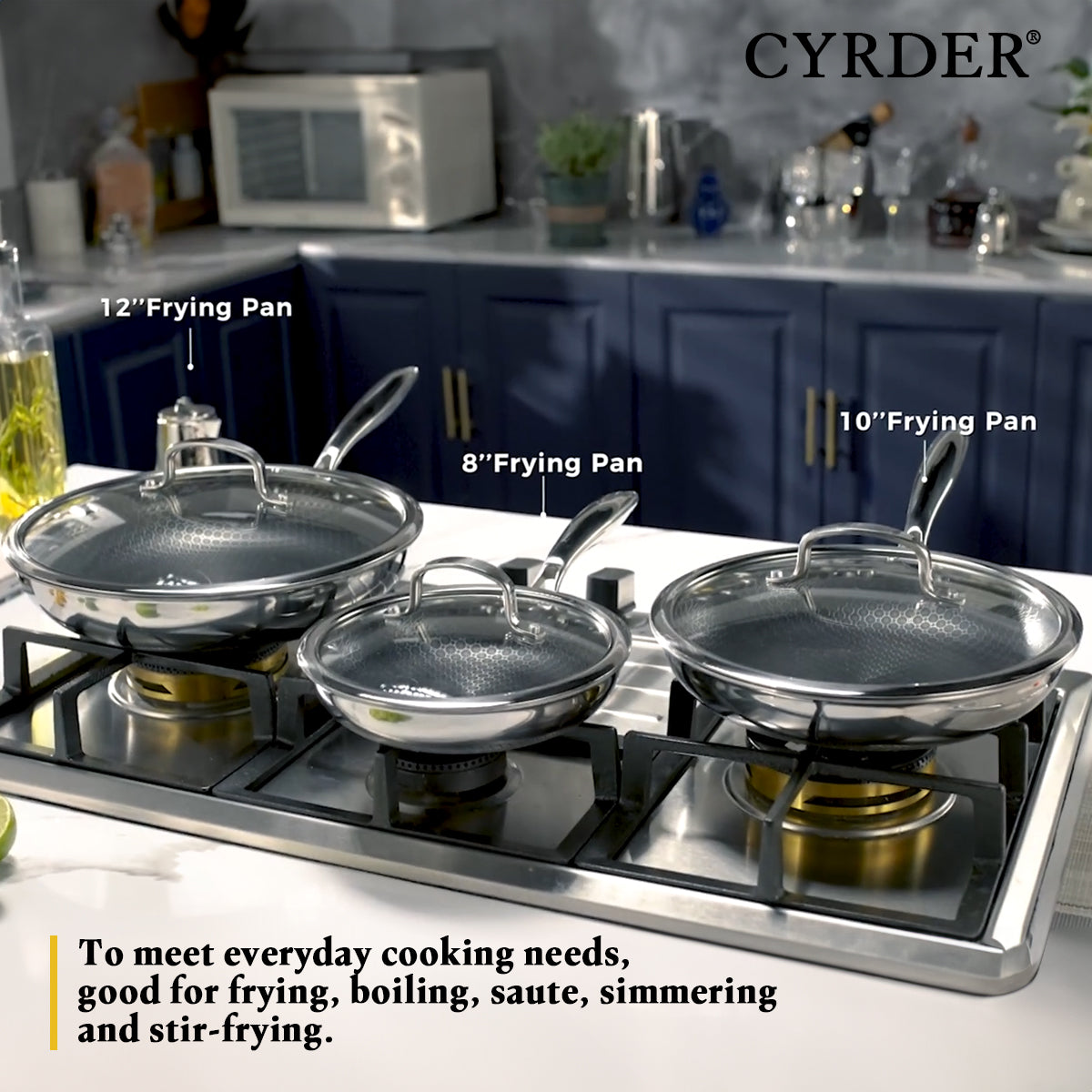 CYRDER Nonstick Frying Pan Set, 8, 10 and 12-inch Frying Pans, 6-Piece Hybrid Non stick 18/10 Stainless Steel Pans with Lid, Induction Compatible, Dishwasher &Oven Safe, PFOA Free