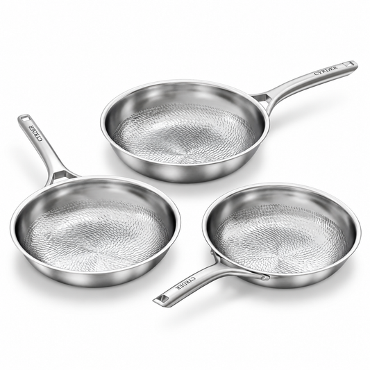 Pure Titanium Frying Pans Set 8 10 12 inch, 3 Pieces Non-Toxin / Chemical-Free Coating, Frying Pan with Hammered Interior, 5-Ply Clad, Heat More Evenly, Induction Compatible